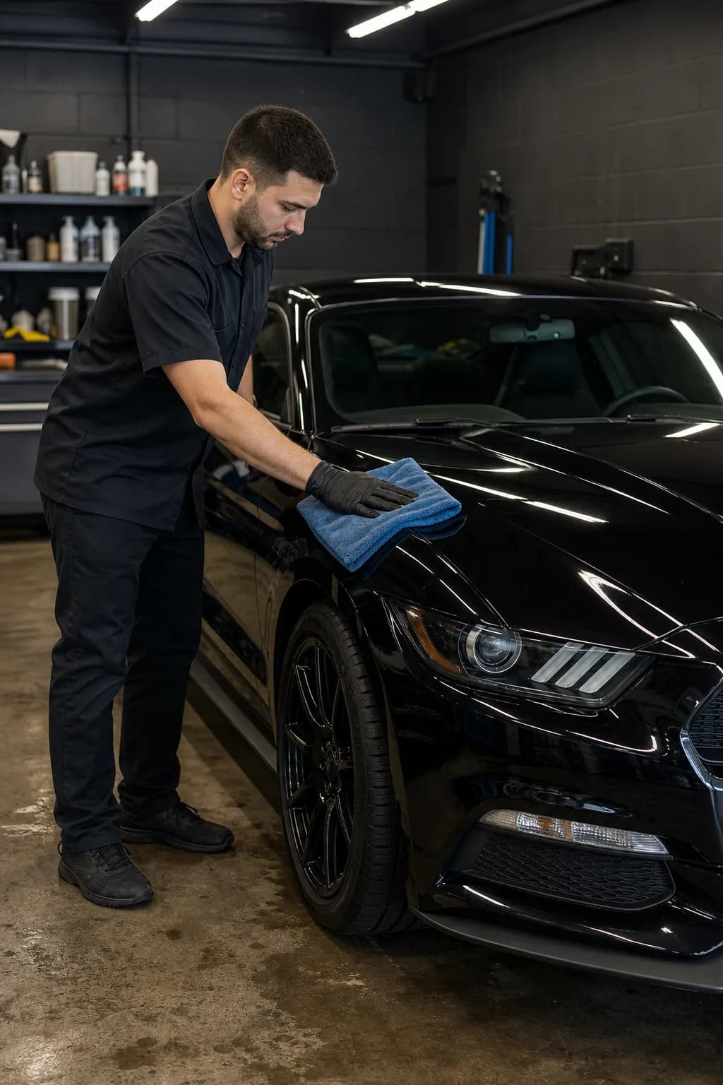 Detailer wiping the hood of a black performance coupe with a blue microfiber towel