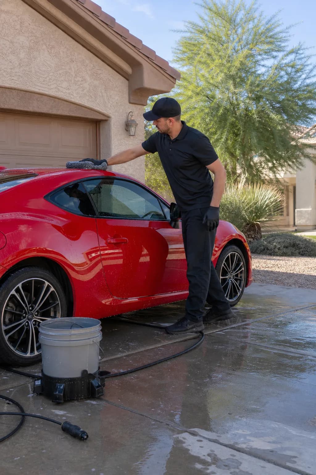Mobile detailer washing a red sports coupe on a Gilbert residential driveway