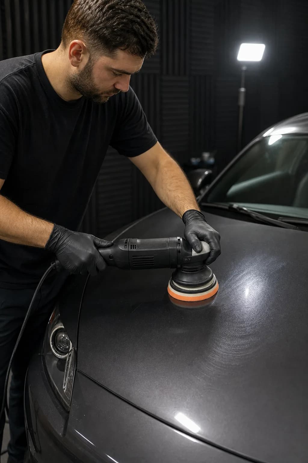 Detailer using a dual-action polisher on the hood of a graphite performance coupe