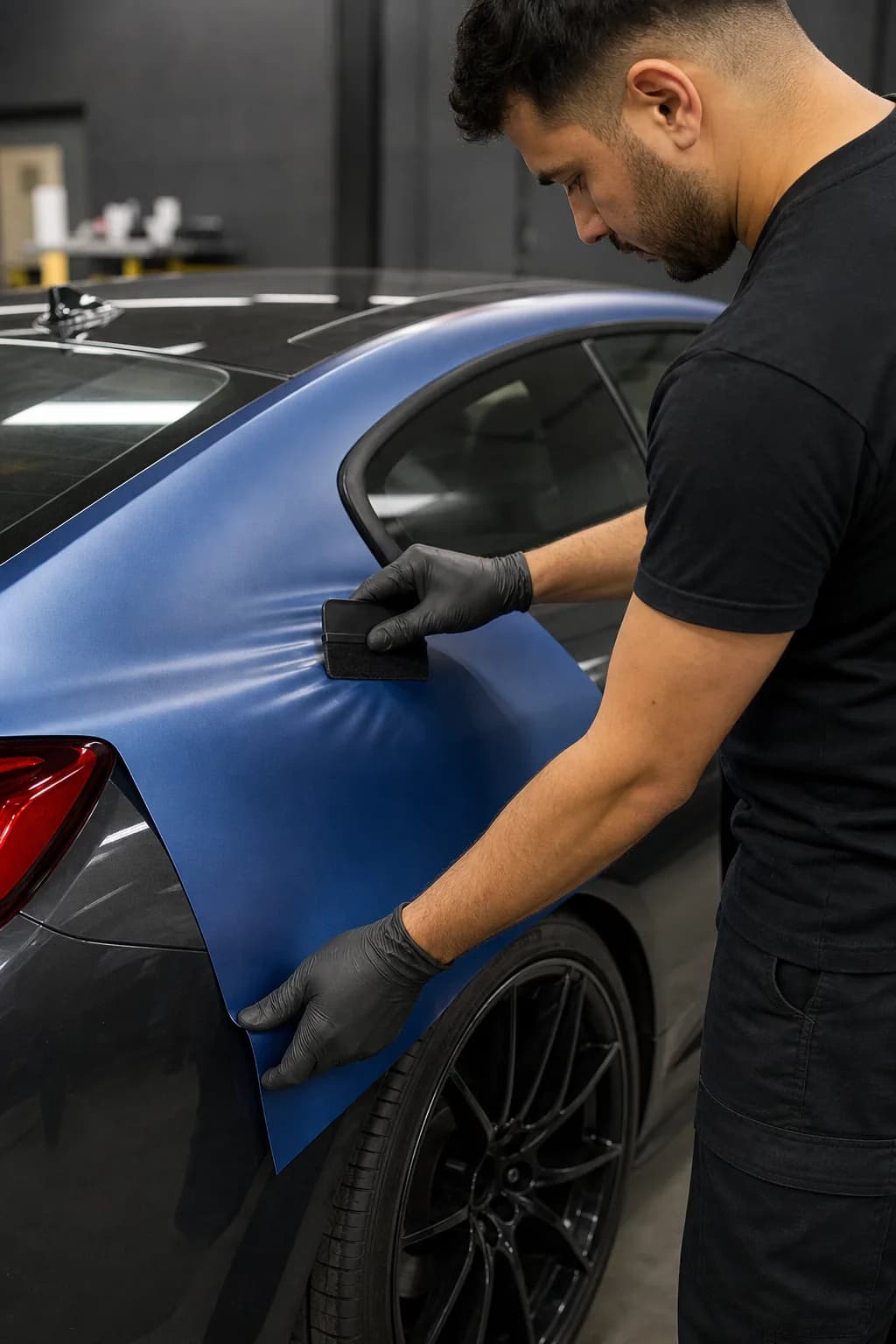 Installer applying satin blue vinyl to the rear quarter panel of a performance coupe