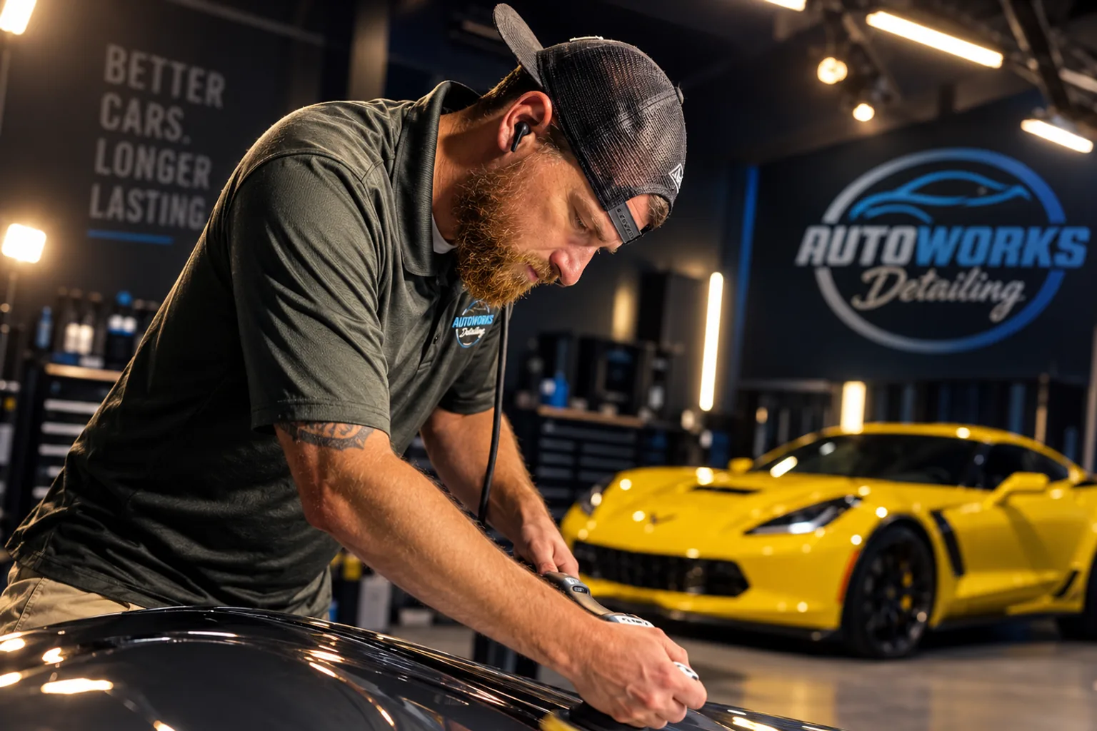 Bryan Reed, owner of AutoWorks Detailing, polishing a client vehicle in the AutoWorks studio